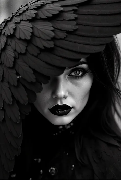 A high-quality black and white photograph taken with a Hasselblad, featuring a gothic woman’s face, half-covered by large raven wings. The wings are layered, textured, and envelop her like a dark shroud, partially obscuring one of her eyes. Her gaze is pie...