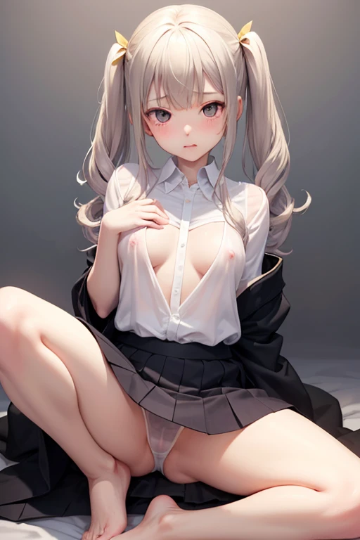 nsfw、 cute、 Japanese、 girl、 droopy eyes 、 anime、 I can see my panties 、 spread your legs big、 raise your legs、(The panties are plain white and transparent)、Open your chest wide、 staring at the camera、 slender thighs、 wearing a skirt 、 embarrassed face、 bar...