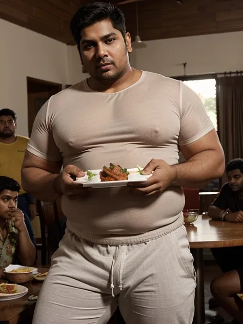 masculine overweight Indian male, handsome embarrassed face, wearing tight see-through shirt, eating food, men sround him are watching him eat