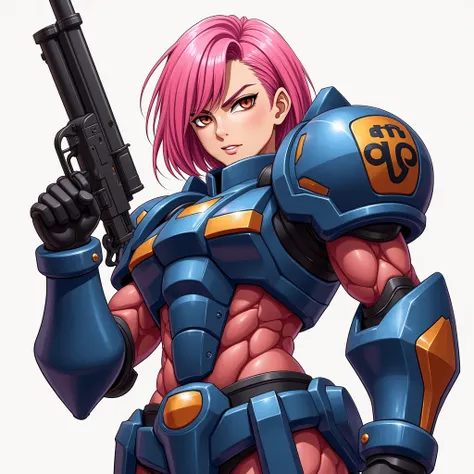 anime pink haired man with gun and Warhammer armor
Fierce face
With letters "MN70"
