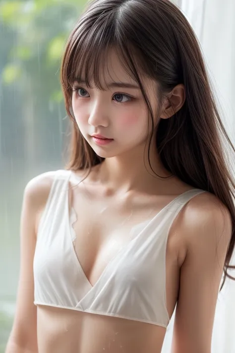 sfw,  Detailed Realistic ,  after the rain ,  girl in wet dress ,   ( white dress:1.3)   ,  (   Very Small Breasts    :2.3) , ( flat chest:2.0),  wet hair ,  medium hair,  beautiful and cute face, covering chest by arm , very shy