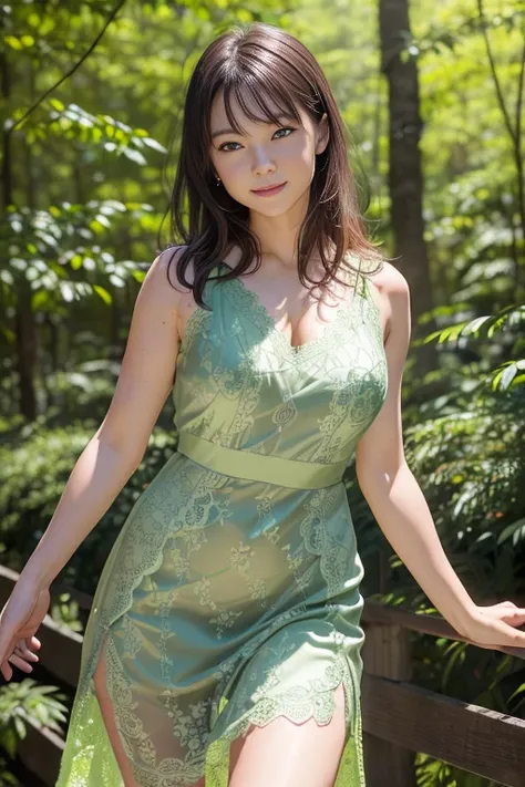 (8k, RAW photo, photorealistic, HQ, masterpiece), a cute Japanese woman, (glowing eyes), 
(shy smile), brown hair, (Sexy green lace long dress:1.2), large breasts, (in the forest),(Seductive pose, dynamic and sexy pose:1.2), 
blurred background, depth of f...