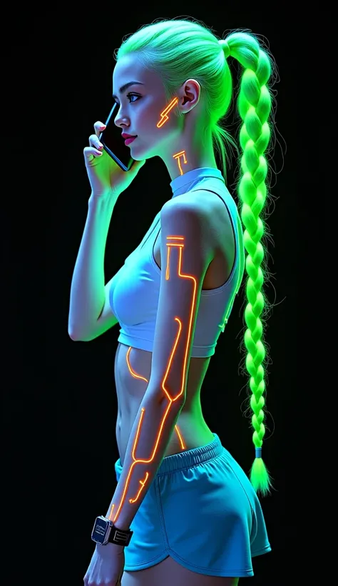 Ukrainian Russian woman, futuristic full body standing image in cyberpunk style of beautiful white blonde Russian woman with phosphorescent neon green braided hair and sporty sexy clothes with futuristic accessories, illuminated glowing watch and smart pho...