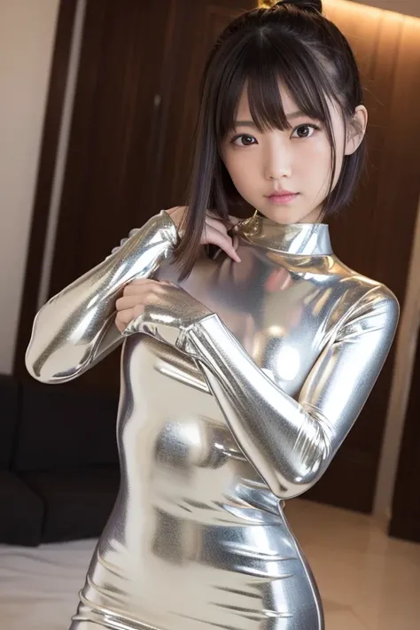 8k,   nothing ,   very well detailed,   masterpiece,   top quality,（10歳の  idol：1.5）、Photo-like facial expression、 1 日本人の girl 、 ( Ultra Shiny Silver Latex Dress  :1.3), 、Bare wrist、  accurate finger depiction  、  an ultra-tight, thin metallic latex dress、 ...