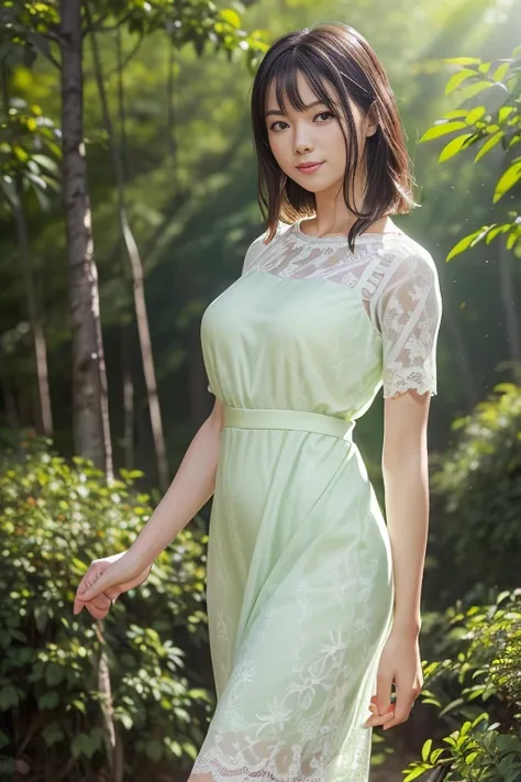 (8k, RAW photo, photorealistic, HQ, masterpiece), a cute Japanese woman, (glowing eyes), 
(shy smile), brown hair, (Sexy green lace long dress:1.2), large breasts, (in the forest),(Seductive pose, dynamic and sexy pose:1.2), 
blurred background, depth of f...