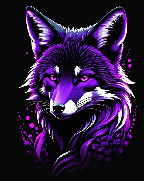 neonpunk style fox, flores,  t-shirt design , (( black background)) .  Cyberpunk, vapor wave, neon, vibrations, vibrant,  ringing, crunchy,  detailed, elegant, modern,  magenta highlights ,  dark purple shadows,   high contrast ,  kinematic, ultra  detaile...