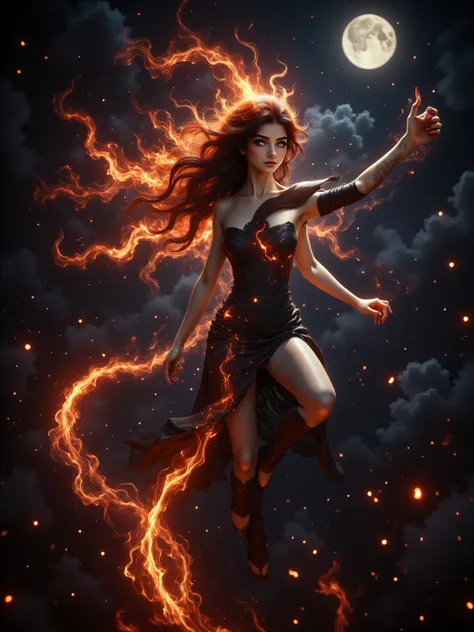 Woman (Helena), Long Flowing hair made of Fire, Voluptuous Build, Large Breasts, Long Legs, Wide Hips, Flying through the night sky, Arms stretched behind her with a fire blast and trail shooting out from behind, moon glowing in the background