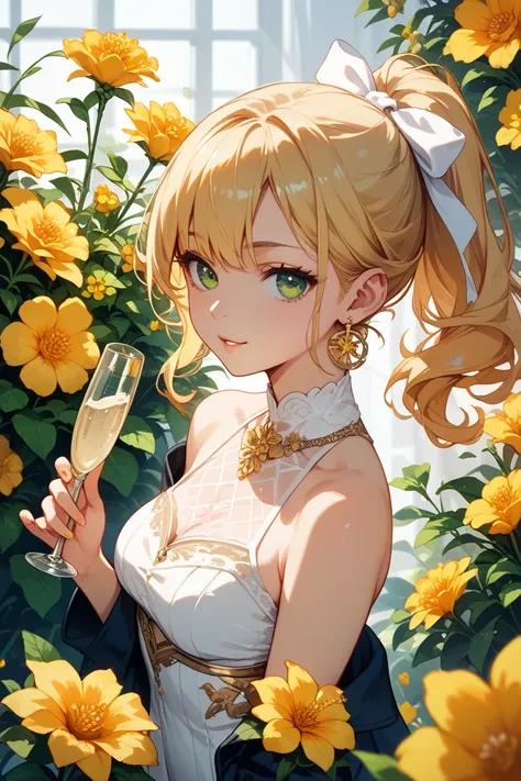 Woman with white ribbon ponytail champagne gold hair green eyes yellow flowers orange flowers