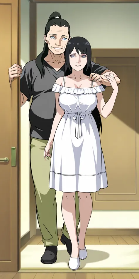 One panel view, old men, hold on shoulder from a left side, mature female, hinata\(boruto\), Black hair, straight hair, pony hair, high ponytail long hair, white spaghetti strap housedress, full body, white eye, parted lips, smile, home, milf, hinata\(boru...