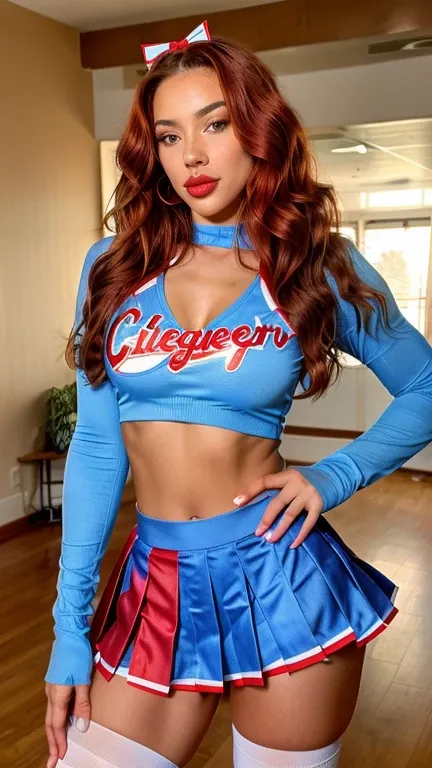 24 years old, slim and curvy body. Light brown skin (wavy red hair), light brown eyes, full lips with red lipstick, clear expression lines. Standing in the room. ((Blue cheerleader outfit.)) Blue pleated skirt. Blue and red top. White knee-high socks. Sens...