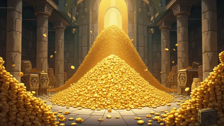  Anime style. The room is covered with stacks of gold coins. Mountains of gold coins.  The room has grey stone walls. Sacks and chests of gold 