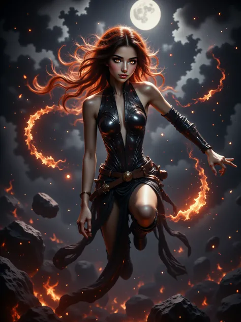 Woman (Helena), Long Flowing hair made of Fire, Voluptuous Build, Large Breasts, Long Legs, Wide Hips, Wearing form fitting Blackened Armor, Flying through the night sky, Arms stretched behind her with a fire blast and trail shooting out from behind, moon ...