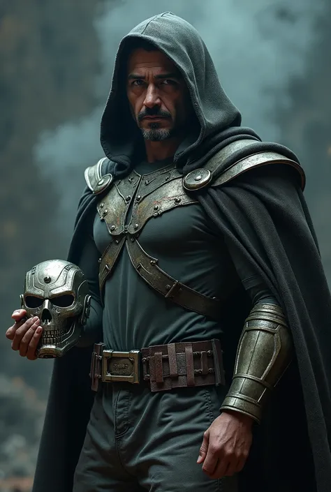 "An ultra-realistic figure of Robert Downey Jr. playing an alternate Iron Man as Doctor Doom. He wears a dark rocky cloak and detailed metal armor, holding his titanium mask revealing his face with a dark and victorious expression. Villain after defeating ...