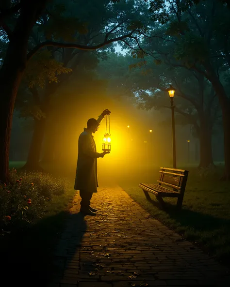 On Indian pole yellow light park, horror Indian Park, A horror man holding a lantern, yellow light side poles, big deep trees around and deep flowers , close to camera, flowers on path , leaves are flowing in air and path, fog lightroom effect, professiona...