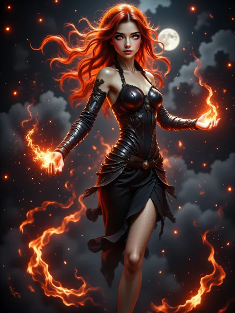 Woman (Helena), Long Flowing hair made of Fire, Voluptuous Build, Large Breasts, Long Legs, Wide Hips, Wearing form fitting Blackened Armor, Flying through the night sky, Arms stretched behind her with a fire blast and trail shooting out from behind, Flame...