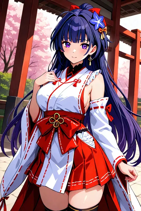 Create an image of Raiden Mei wearing traditional Japanese Miko clothing in anime style