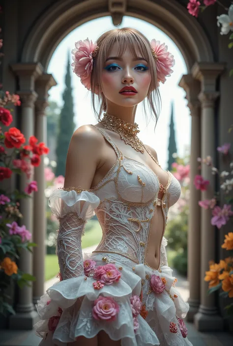 Realistic ((Photorealistic realism)), Hyper high resolution, ((Hyper insanel quality, epice masterciece, intricately detailed digital art)),((focus on extremely Realistic Proportion Body:1.3),"Portrait of {a woman with blue eyes, wearing a dress, standing ...