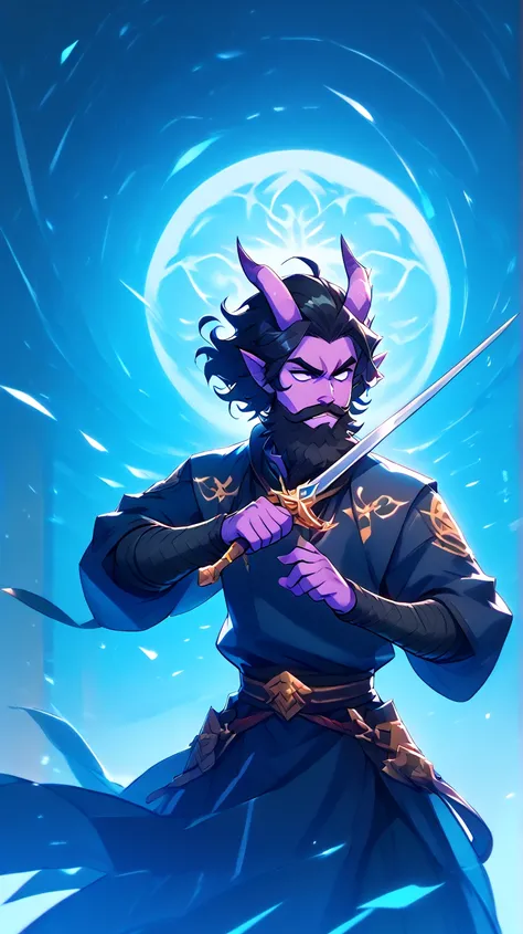 Male Bard rockstar Tiefling with purple skin,cool Tiefling horns with golden streaks, wearing adventuring gear ,character of D&D, black hair, black beard,Ojos azules, perfect eyes, purple skin,medim black hair,bigote grueso, Cabello negro, Presumido, musta...