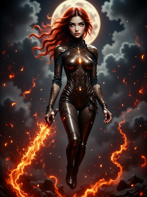 Woman (Helena), Long Flowing hair made of Fire, Eyes glowing Orange, Voluptuous Build, Large Breasts, Long Legs, Wide Hips, Wearing form fitting Blackened Armor, Flying through the night sky, Arms stretched behind her with a fire blast and trail shooting o...