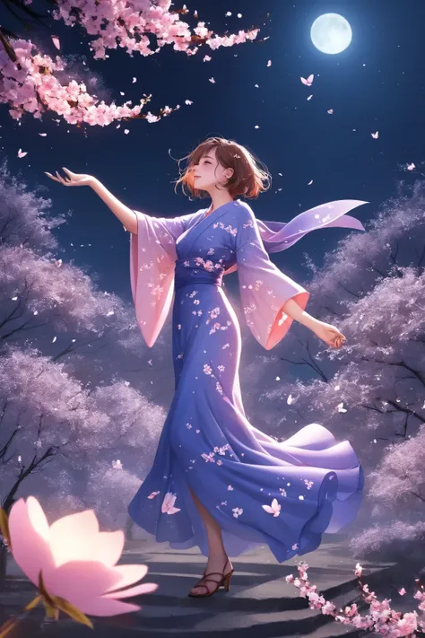 Weeping cherry blossoms at night that shine like a quiet atmosphere、One young beautiful woman illuminated by the full moon、A big smile、 supple and curved proportions、 holding a dance fan in her right hand 、 Anatomically Accurate Hands （Natural Shape、 no di...