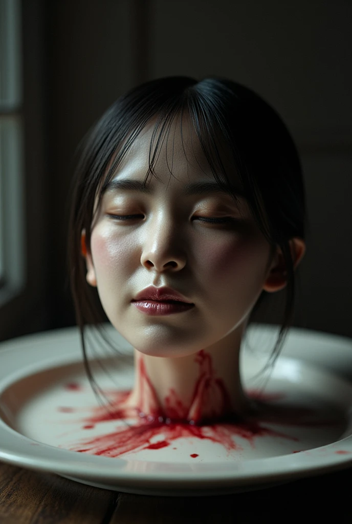   place the head of a decapitated woman , Asia,  Less blood stains   , ((  Close Your Eyes )),   like a dish on a plate  , Bloody,  actual , 4K, Nikon, fear