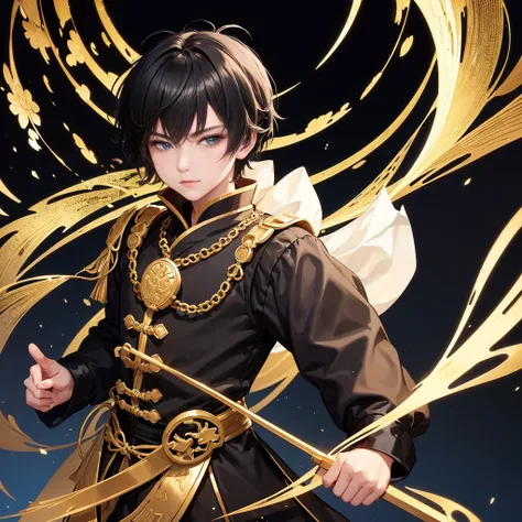 A boy swordsman wearing Hanfu with gold Chinese-style embroidery on a black background。 boy with a short black hairstyle is young and petite、The face of the 。white background, The boy has a cute face like a femboy。