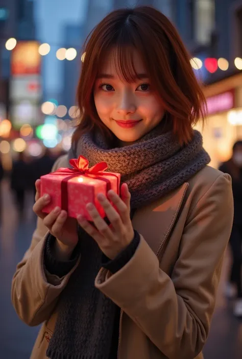 Valentine day, at winter dusk, in the park in the urban area, Tokyo, gorgeous cityscape, city shines with illuminations, a beautiful Japanese girl, dressed in school uniform with a warmly scarf, holding a gift box in the palm of her hand and discreetly to ...