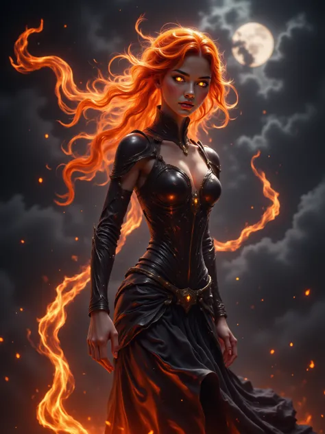 Woman (Helena), Long Flowing hair made of Fire, Eyes glowing Orange, Voluptuous Build, Large Breasts, Long Legs, Wide Hips, Wearing form fitting Blackened Armor, Flying through the night sky, Arms stretched behind her with a fire blast and trail shooting o...