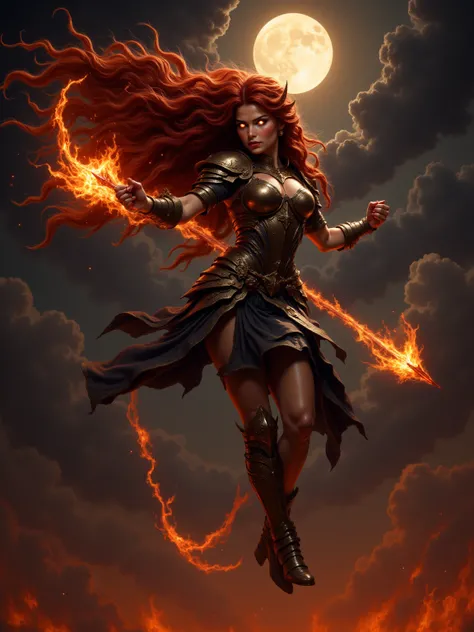 Woman (Helena), Long Flowing hair made of Fire, Eyes glowing Orange, Voluptuous Build, Large Breasts, Long Legs, Wide Hips, Wearing form fitting Blackened Armor, Flying through the night sky, Arms stretched behind her with a fire blast and trail shooting o...