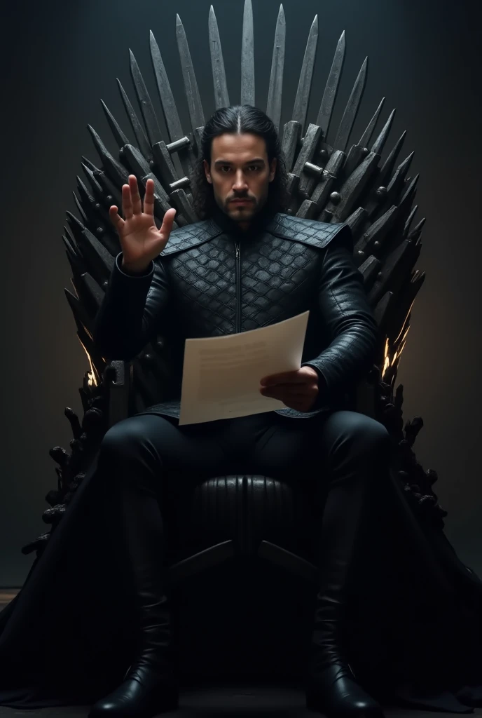 Play Homelander sitting on a dark throne, estilo game of thrones, He will have his hand raised and the other a piece of paper looking at the paper, the lighting in the place should be low with an emphasis on the face