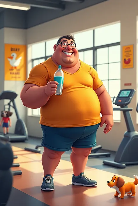 Create an image of a very slightly chubby male character training at the gym and drinking beer, Disney drawing style
