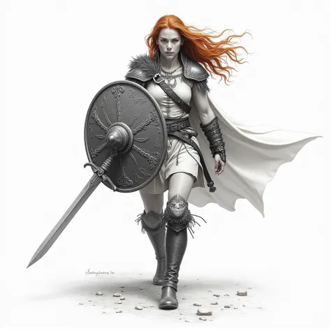 Pencil art sketch of an Irish Gaelic warrior. Walking, red hair flowing. No background. Sword and shield