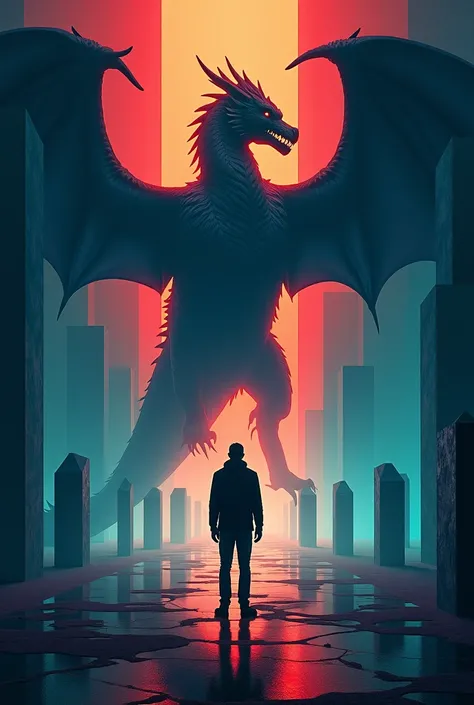 Draw the cover of a book called "Beyond Madness". Draw a man in a dimly lit room with the shadow of a dragon, Around the man there are geometric figures of all kinds of colors, 