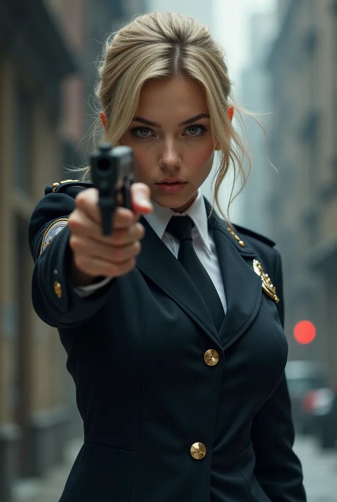 A girl with ash-blond hair,  brown eyes and a police inspector's uniform, He has a rough pose, You see series y concentrated , With the gun in his hands, Pointing to some fixed point.