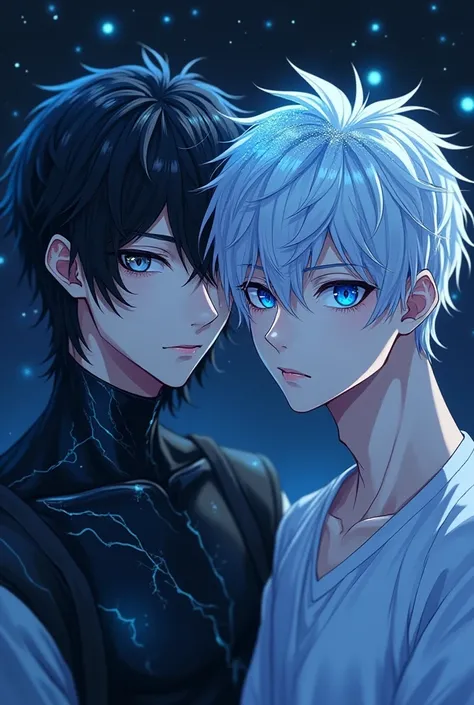 anime art, two guys .  One with medium length black hair ,  silver eyes ,  his whole body consists of black marble . another guy ,  has white hair ,  blue transparent eyes like glass ,  white skin slightly shines ,  on his head, blue sparkles like stars ha...