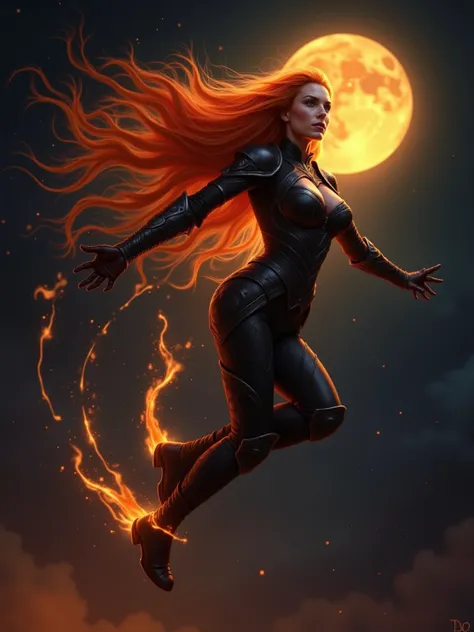 Woman (Helena), Long Flowing hair made of Fire, Eyes glowing Orange, Voluptuous Build, Large Breasts, Long Legs, Wide Hips, Wearing form fitting Blackened Armor, Flying through the night sky, Arms stretched behind her with a fire blast and trail shooting o...