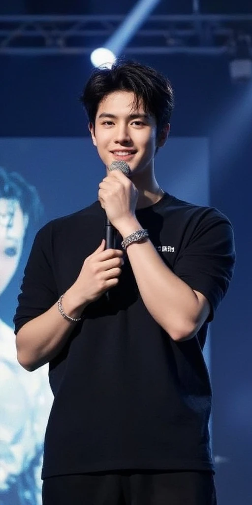 1Man, Full Body, Handsome, Young Man, Man Holding Microphone In Hand, On Stage, Naver Pop Fan, Bright Smile, LED Light Background, Southeast Asian, Round Face, Dark Short Hair With Bushy Hair, Audience Photo, Jelly Meat, High Forehead, 2024, Avatar Photo, ...