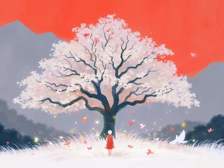 ZOZ_CH An eye-level painting of a person in a red dress is seen in front of a large tree with white flowers on its branches. The tree is surrounded by gray mountains, and the background is a vibrant red. The person is facing towards the right, and there is...