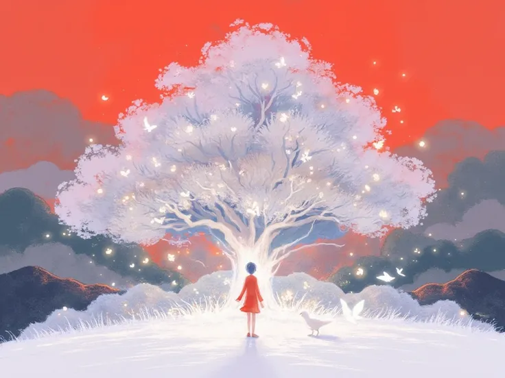 ZOZ_CH An eye-level painting of a person in a red dress is seen in front of a large tree with white flowers on its branches. The tree is surrounded by gray mountains, and the background is a vibrant red. The person is facing towards the right, and there is...