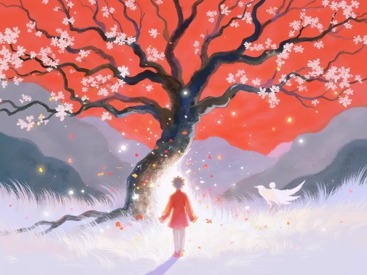 ZOZ_CH An eye-level painting of a person in a red dress is seen in front of a large tree with white flowers on its branches. The tree is surrounded by gray mountains, and the background is a vibrant red. The person is facing towards the right, and there is...