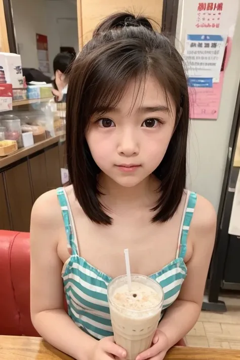 1cute girl、Junior high school student、 Facial expression immediately after kissing、Cherubic 、Brown Hair、faint smile、Small tits、I bought some tapioca milk tea