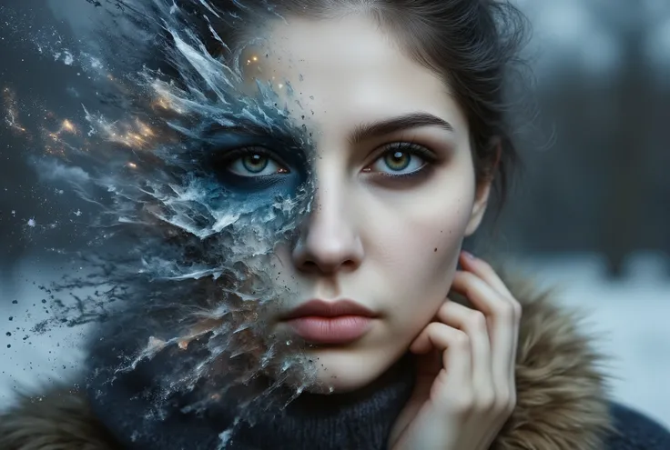 A close-up of a woman's face with chiseled features, lit by the cold, bluish light of a winter evening. The left side of her face dissolves in a ral-dissolve effect into geometric shards of icy crystals and faint gold mist. her deep-set eyes remain vivid a...