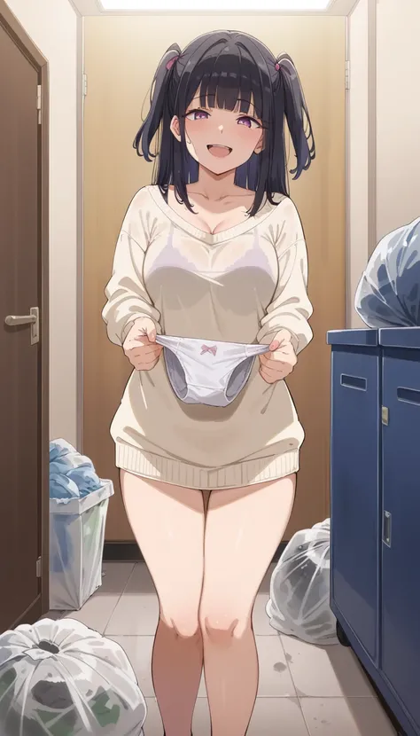  score_9,  score_8_ up,  score_7_ up, the panties and bra are in the sheer trash bag/},Alp,
, 1 girl, holding panties, blunt bangs,   black hair,\(two side  up\), break, ,  white sweater ,clavicle, Chest,  sweater dress,  Long Sleeve,  from sleeve to wrist...