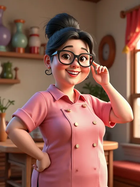  3D art, inspired by Disney /Pixar, 50 year old lady, Black Hair Tied Up, chubby white girl, smiling with glasses, Waist length portrait , Dressed in pink chef's clothing ,  with one hand on the waist and the other hand on the glasses, profile,  face facin...