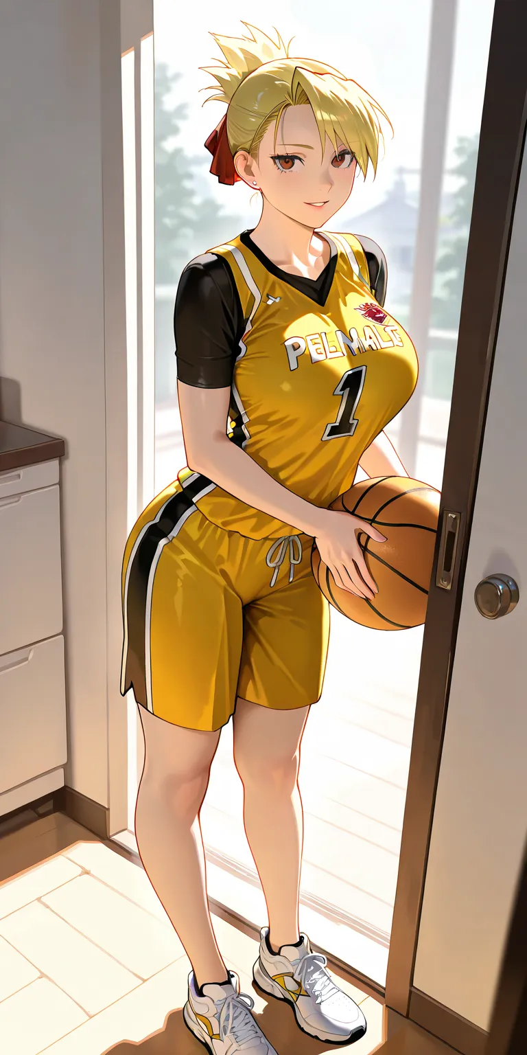 Masterpiece, newest, vibrant, very aesthetic, high contrast, mature woman, riza hawkeye, high ponytail short hair, yellow basketball team t-shirt uniform, yellow basketball team short pants uniform, white sneakers, perfect 
big breast, full body, parted li...