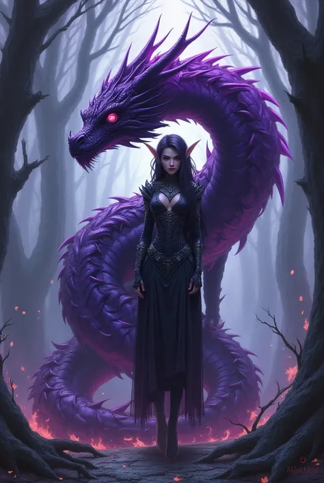 Make me a picture of a dark elf along with a dark purple dyed dragon in the style of an anime or manga picture