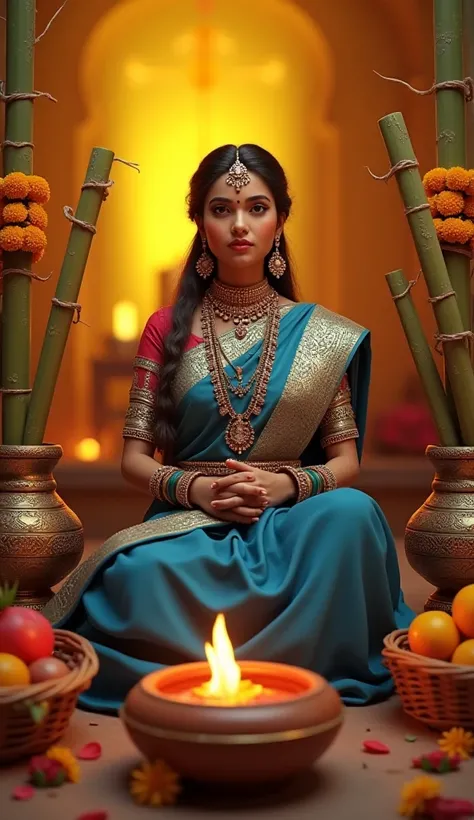 "A hyper-realistic 3D render of a traditional Indian woman dressed in a blue and silver saree, adorned with intricate jewelry, sitting gracefully at a religious ceremony. Designed in Unreal Engine, the scene features beautifully detailed baskets of fruits,...