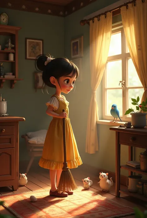 A  beautiful tall kind girl in a worn dress, sweeping the floor of a cozy cottage. Birds and mice surround her, light streaming through the window, symbolizing her inner strength and optimism. Disney pixar style 