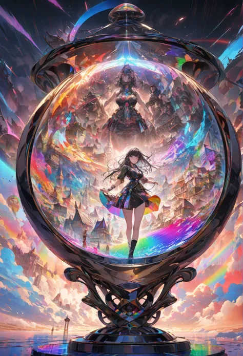  very detailed, 8k, Draw an hourglass ,Beautiful woman trapped inside an hourglass,The sand in an hourglass is rainbow-colored sand, Everything is on the sand of an hourglass(Modern civilization in an hourglass,thunder,flash,The world inside an hourglass,)