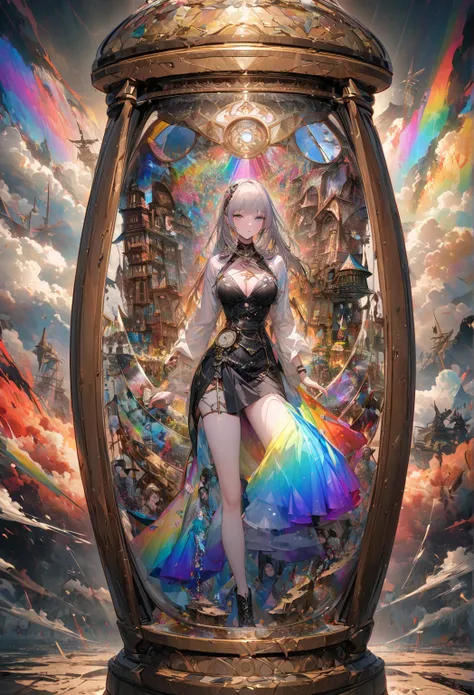  very detailed, 8k, Draw an hourglass ,Beautiful woman trapped inside an hourglass,The sand in an hourglass is rainbow-colored sand, Everything is on the sand of an hourglass(Modern civilization in an hourglass,thunder,flash,The world inside an hourglass,)